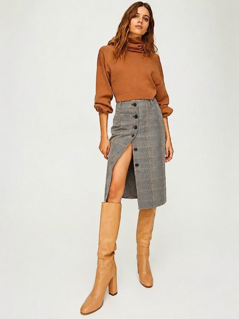 Aritzia Wilfred Leona Midi Pencil Skirt Check Plaid Grey Yellow Size 2